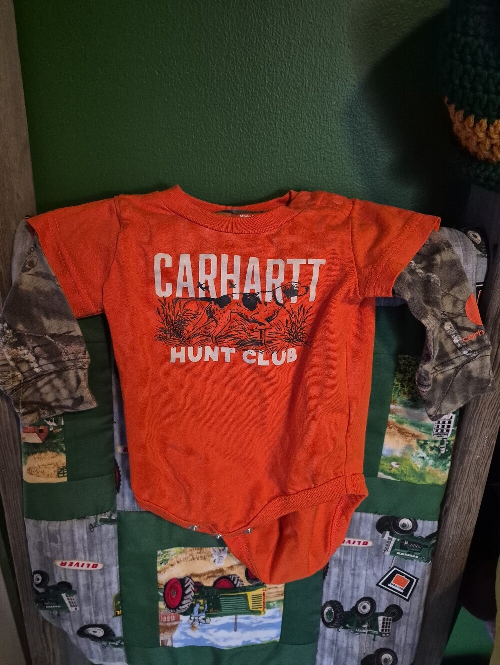 Carhartt Orange Infant Hunt Club Bodysuit with Camo Sleeves